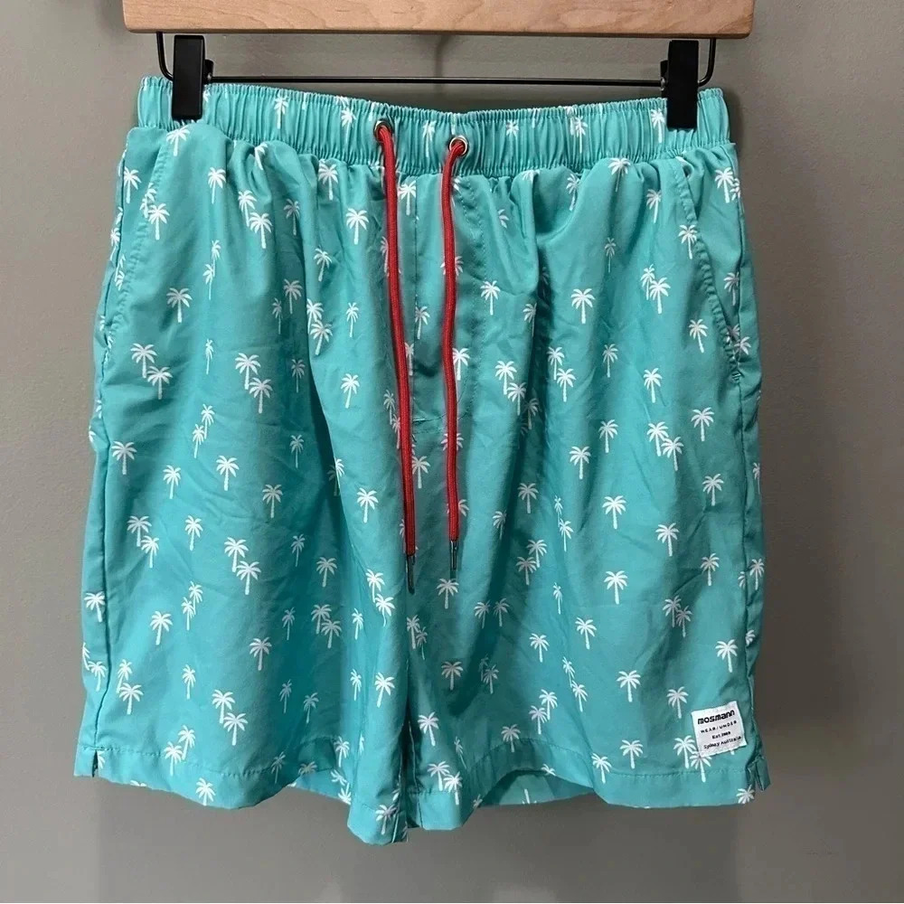 Mosmann Australia swim Trunks. Size Large. Teal with palm trees. EUC‎